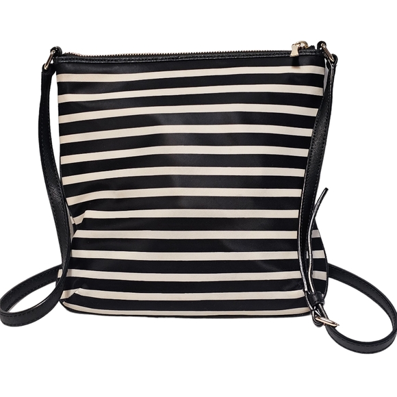 Kate Spade Black White Striped Nylon Leather Trim Crossbody Purse - Picture 3 of 16